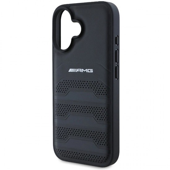 AMG Leather Debossed Lines Black Logo iPhone 16 Case - Black