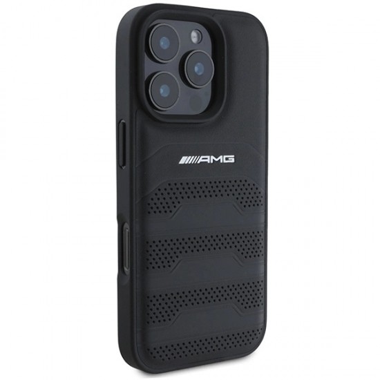 AMG Leather Debossed Lines Black Logo iPhone 16 Pro Max Case - Black
