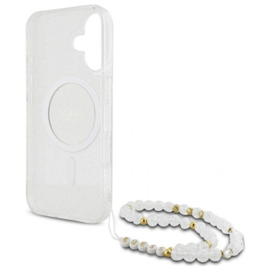 Guess IML Glitter With Pearl Strap MagSafe iPhone 16 Case - Clear