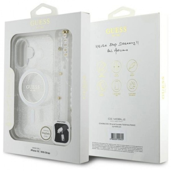 Guess IML Glitter With Pearl Strap MagSafe iPhone 16 Case - Clear
