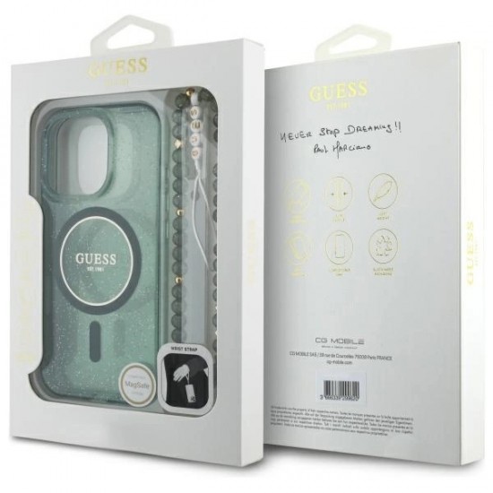 Guess IML Glitter With Pearl Strap MagSafe case for iPhone 16 Pro Max - green