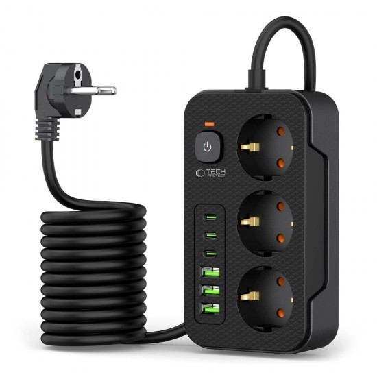Tech-Protect PC3X6 Power Strip 3 Sockets 240V + 3xUSB-A + 3xUSB-C 200cm - Black