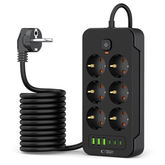 Tech-Protect PC6X6 Power Strip 6 Sockets 240V + 3xUSB-A + 3xUSB-C 200cm - Black
