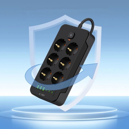Tech-Protect PC6X6 Power Strip 6 Sockets 240V + 3xUSB-A + 3xUSB-C 200cm - Black