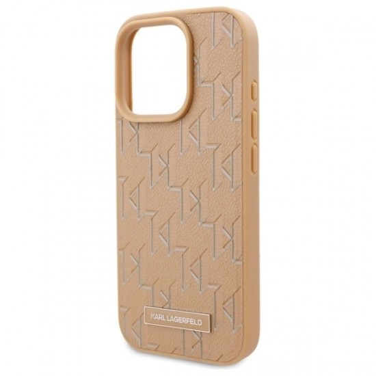 Karl Lagerfeld Leather Monogram Metal Logo MagSafe iPhone 16 Pro Case - Beige