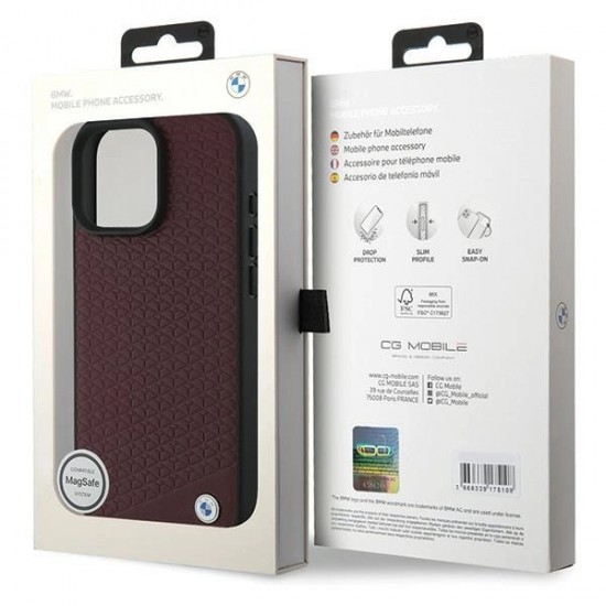 BMW Sign Leather Diamond Metal Logo MagSafe Case for iPhone 16 Pro Max - Red