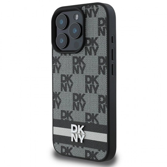 DKNY Checkered Pattern & Printed Stripes Case for iPhone 16 Pro - Black