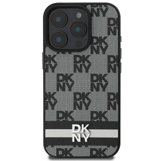 DKNY Checkered Pattern & Printed Stripes Case for iPhone 16 Pro - Black