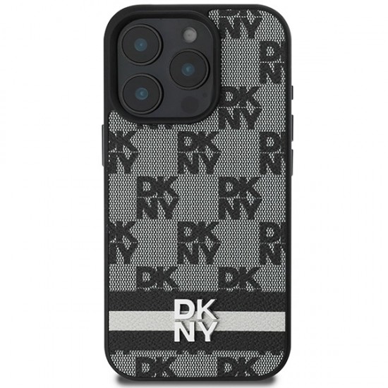 DKNY Checkered Pattern & Printed Stripes Case for iPhone 16 Pro Max - Black