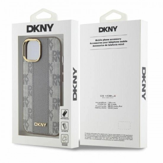 DKNY Leather Checkered Mono Pattern MagSafe iPhone 15 Case - Beige