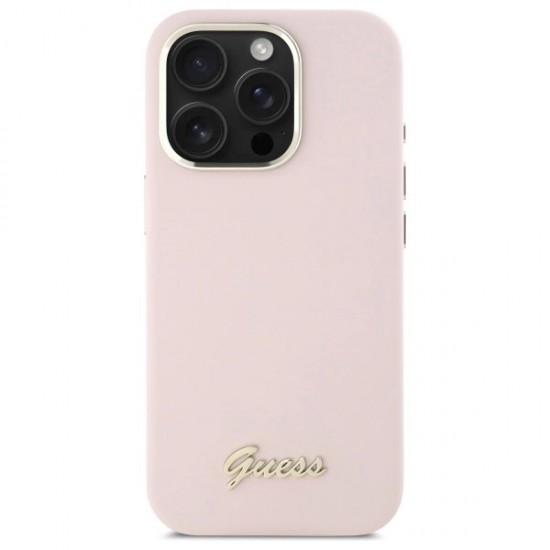 Guess Silicone Script Metal Logo & Frame iPhone 16 Pro Max Case - Pink