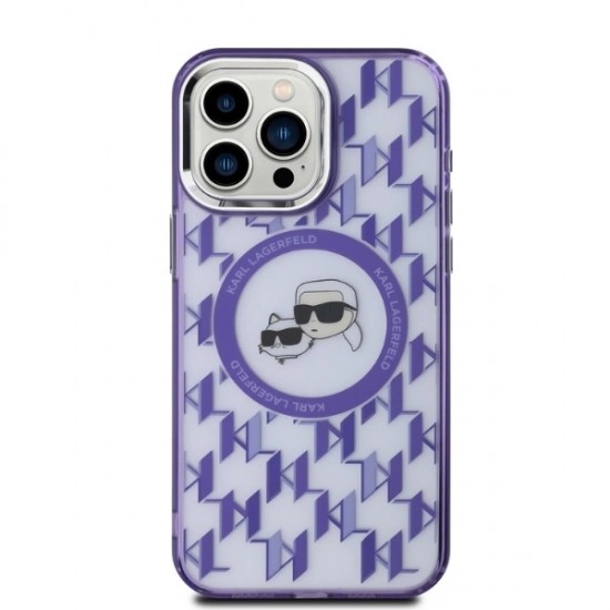 Karl Lagerfeld IML Monogram Karl & Choupette Head MagSafe iPhone 15 Pro Case - Purple