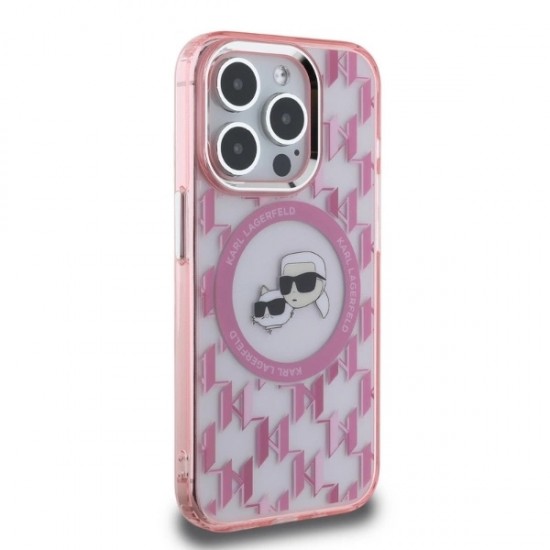 Karl Lagerfeld IML Monogram Karl & Choupette Head MagSafe Case for iPhone 15 Pro Max - Pink