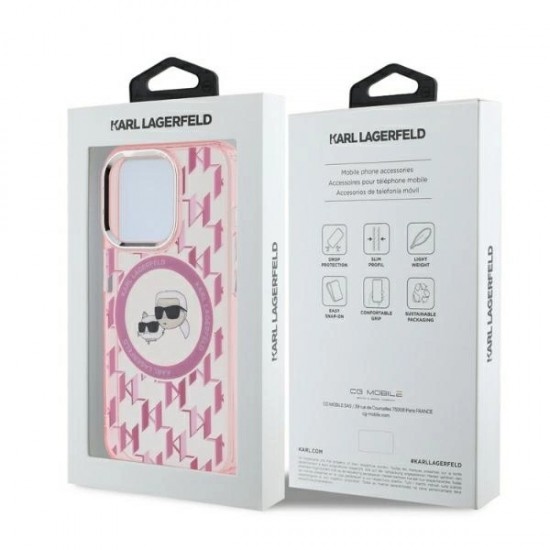 Karl Lagerfeld IML Monogram Karl & Choupette Head MagSafe Case for iPhone 15 Pro Max - Pink