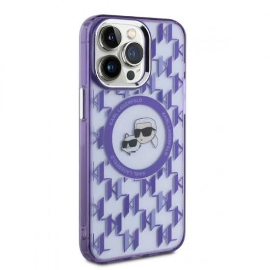Karl Lagerfeld IML Monogram Karl & Choupette Head MagSafe Case for iPhone 15 Pro Max - Purple