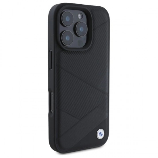 BMW Sign Leather Crossing Lines Pattern iPhone 16 Pro Max Case - Black