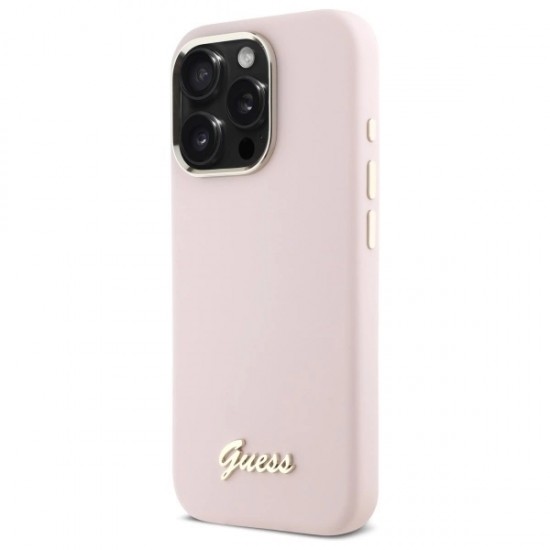 Guess Silicone Script Metal Logo & Frame iPhone 16 Pro Case - Pink