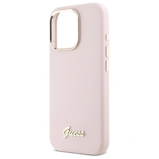 Guess Silicone Script Metal Logo & Frame iPhone 16 Pro Case - Pink