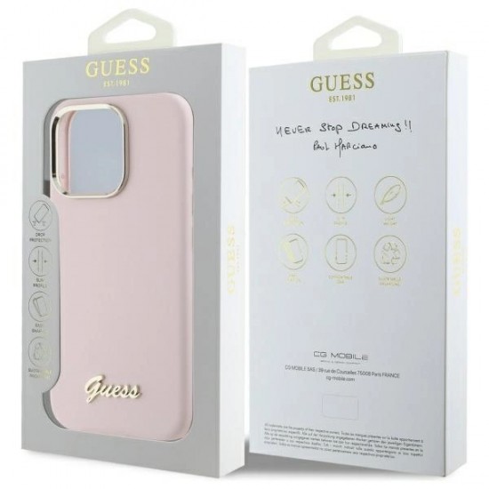 Guess Silicone Script Metal Logo & Frame iPhone 16 Pro Case - Pink