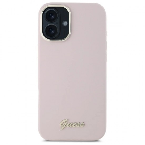 Guess Silicone Script Metal Logo & Frame iPhone 16 Plus Case - Pink
