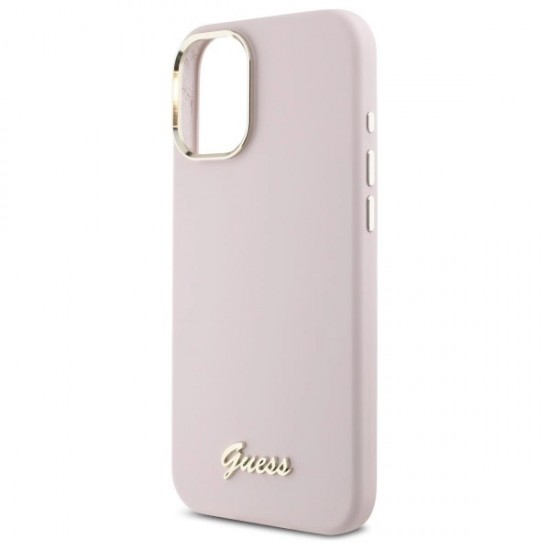 Guess Silicone Script Metal Logo & Frame iPhone 16 Plus Case - Pink