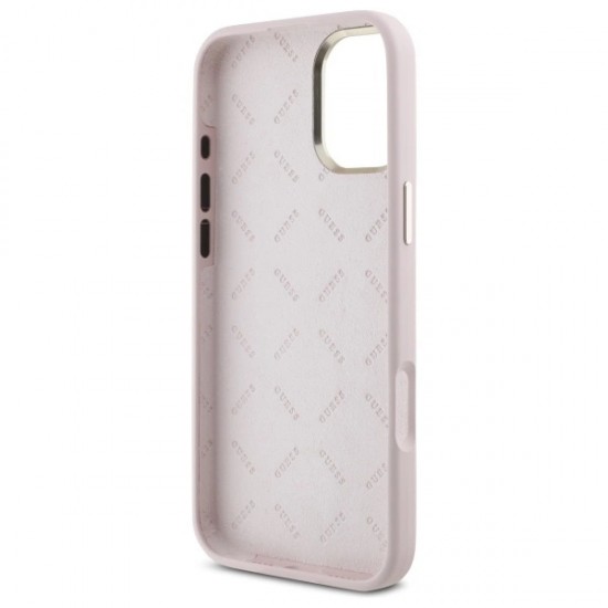 Guess Silicone Script Metal Logo & Frame iPhone 16 Plus Case - Pink
