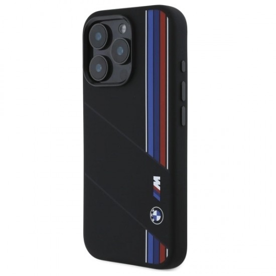 BMW Silicone Cut Tricolor Lines MagSafe Case for iPhone 16 Pro - Black