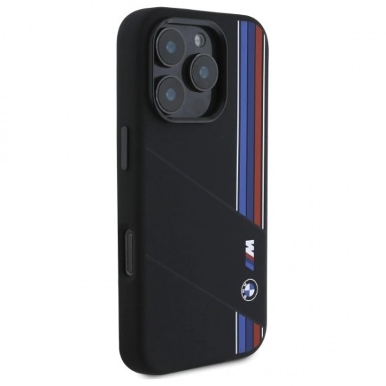 BMW Silicone Cut Tricolor Lines MagSafe Case for iPhone 16 Pro Max - Black