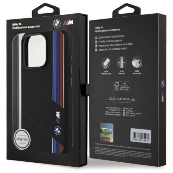 BMW Silicone Cut Tricolor Lines MagSafe Case for iPhone 16 Pro Max - Black