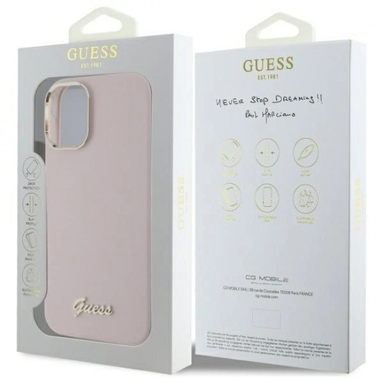 Guess Silicone Script Metal Logo & Frame iPhone 16 Case - Pink