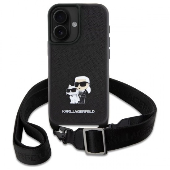 Karl Lagerfeld Saffiano Karl&Choupette Metal Pin CBDY Strap iPhone 16 Case - Black
