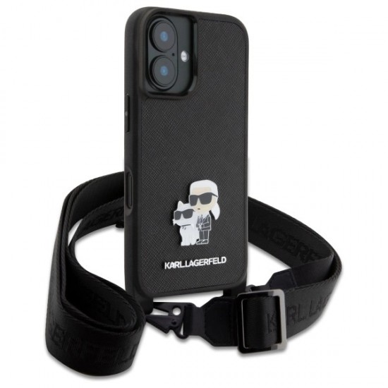 Karl Lagerfeld Saffiano Karl&Choupette Metal Pin CBDY Strap iPhone 16 Case - Black