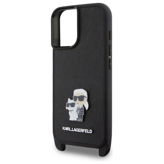 Karl Lagerfeld Saffiano Karl&Choupette Metal Pin CBDY Strap iPhone 16 Case - Black