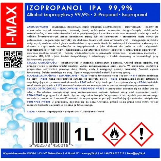 Isopropyl alcohol Isopropanol IPA I-MAX 99.9% 1L