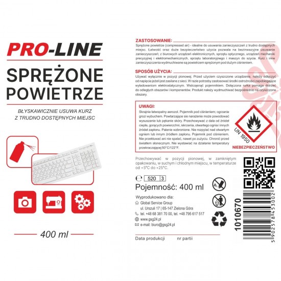 Compressed air for cleaning the electronics of sewing machines PRO-LINE spray 400ml