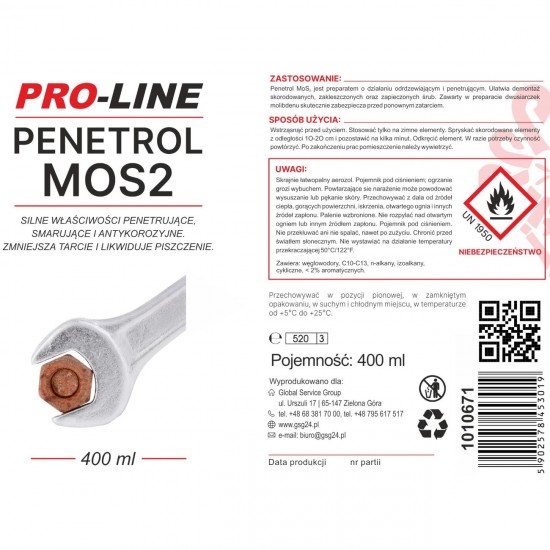 Strongly penetrating rust remover PENETROL MoS2 PRO-LINE spray 400ml