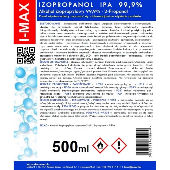 Isopropyl alcohol Isopropanol IPA I-MAX 99.9% Spray 500ML