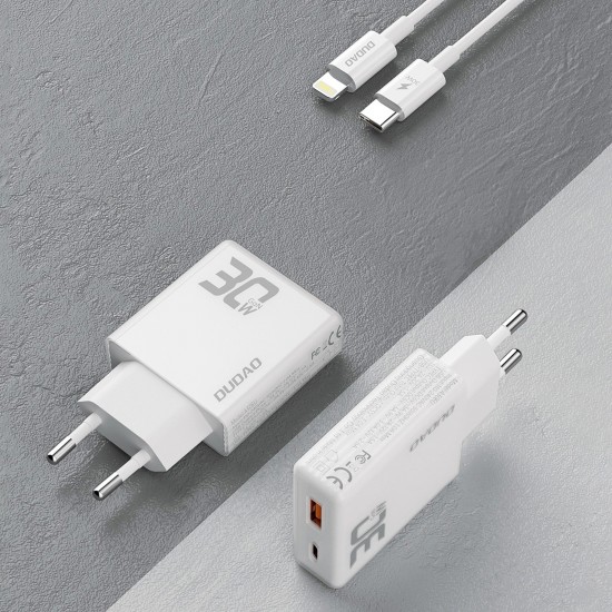 GaN Dudao A30EUL 30W USB-A / USB-C Wall Charger + USB-C - Lightning Cable - White