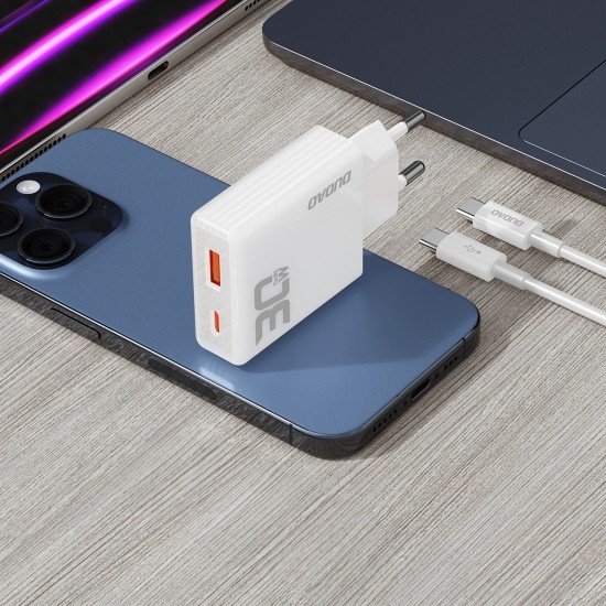 GaN Dudao A30EUT 30W USB-A / USB-C Wall Charger + USB-C - USB-C Cable - White