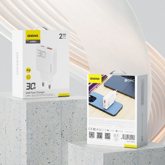 GaN Dudao A30EU 30W USB-A / USB-C Wall Charger - White