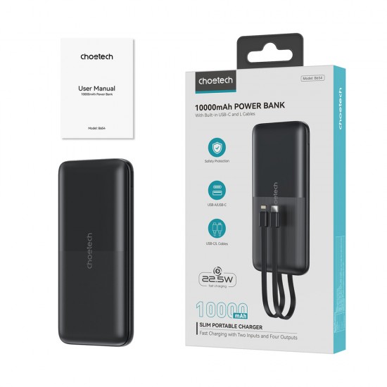 Powerbank Choetech B654 10000mAh 22.5W USB-A / USB-C / micro USB with built-in USB-C / Lightning cable - black