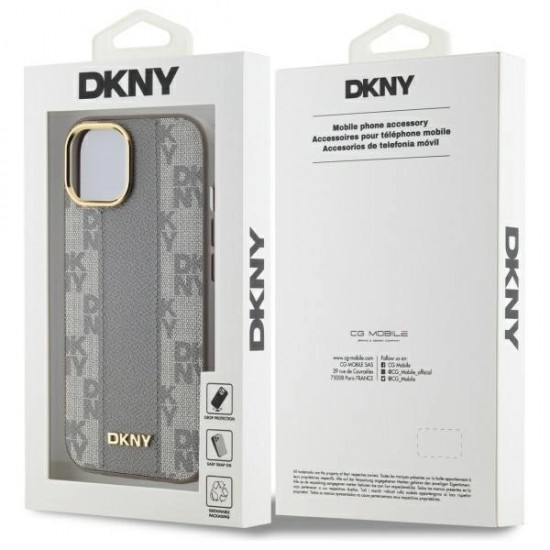 DKNY Leather Checkered Mono Pattern MagSafe iPhone 15 Plus Case - Beige