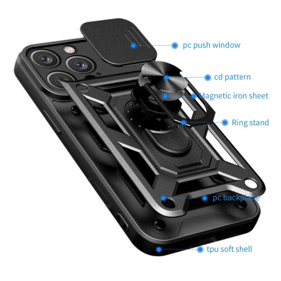 Hybrid Armor Camshield iPhone 16 Pro Case with Camera Cover and Stand - Black