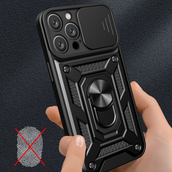 Hybrid Armor Camshield iPhone 16 Pro Max Armored Case with Camera Cover and Stand - Black