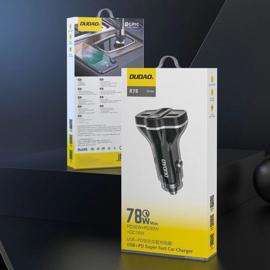 Dudao R78 78W Car Charger USB-C PD / 2xUSB-A QC - Black