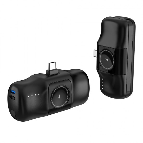 Wozinsky WF16-YCS 5000mAh 15W USB-C Mini Power Bank with Built-in USB-C Cable and Apple Watch Charger - Black