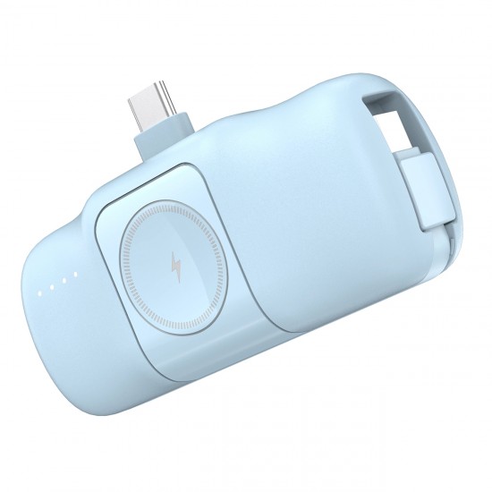 Wozinsky WF16-YCS 5000mAh 15W USB-C Mini Power Bank with Built-in USB-C Cable and Apple Watch Charger - Blue