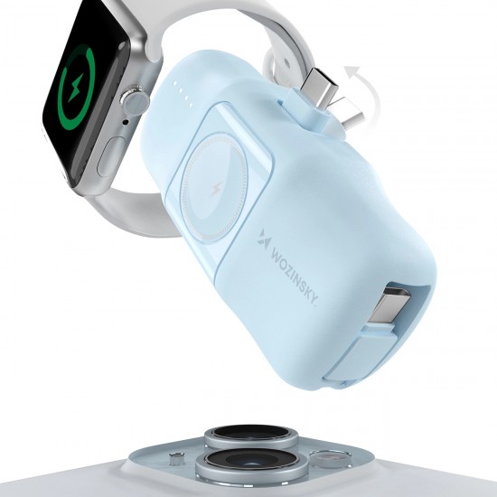 Wozinsky WF16-YCS 5000mAh 15W USB-C Mini Power Bank with Built-in USB-C Cable and Apple Watch Charger - Blue