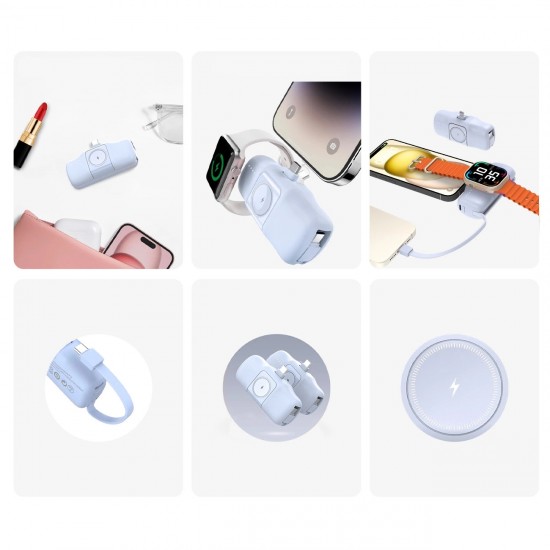 Wozinsky WF16-YCS 5000mAh 15W USB-C Mini Power Bank with Built-in USB-C Cable and Apple Watch Charger - Blue