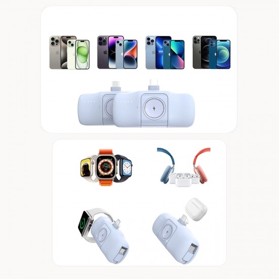 Wozinsky WF16-YCS 5000mAh 15W USB-C Mini Power Bank with Built-in USB-C Cable and Apple Watch Charger - Blue